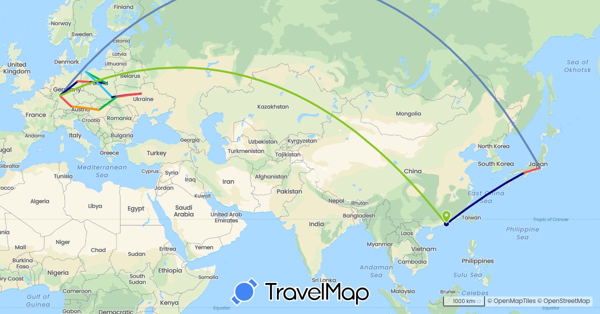 TravelMap itinerary: driving, bus, cycling, hiking, boat, hitchhiking, electric vehicle in China, Germany, Hungary, Japan, Poland, Ukraine (Asia, Europe)